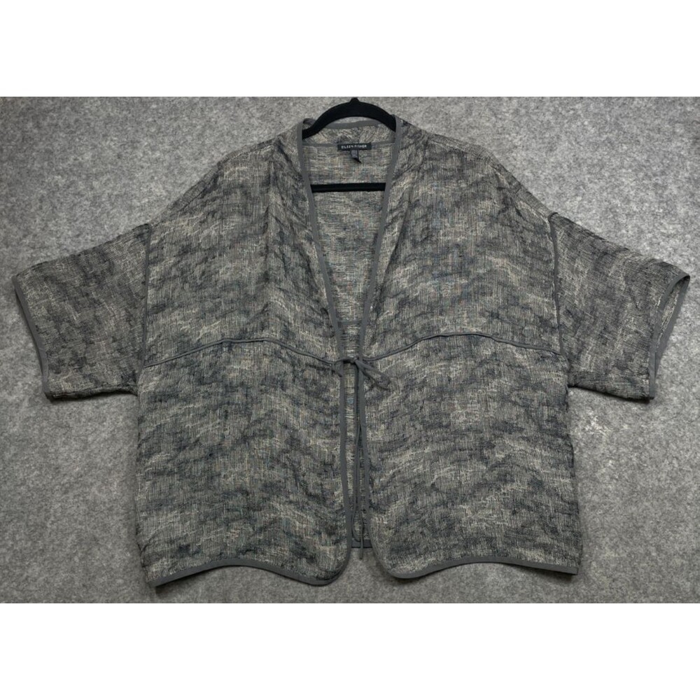 Eileen Fisher Linen Gauze Jacquard Tie Front Jacket Womens L Gray Boxy Lagenlook